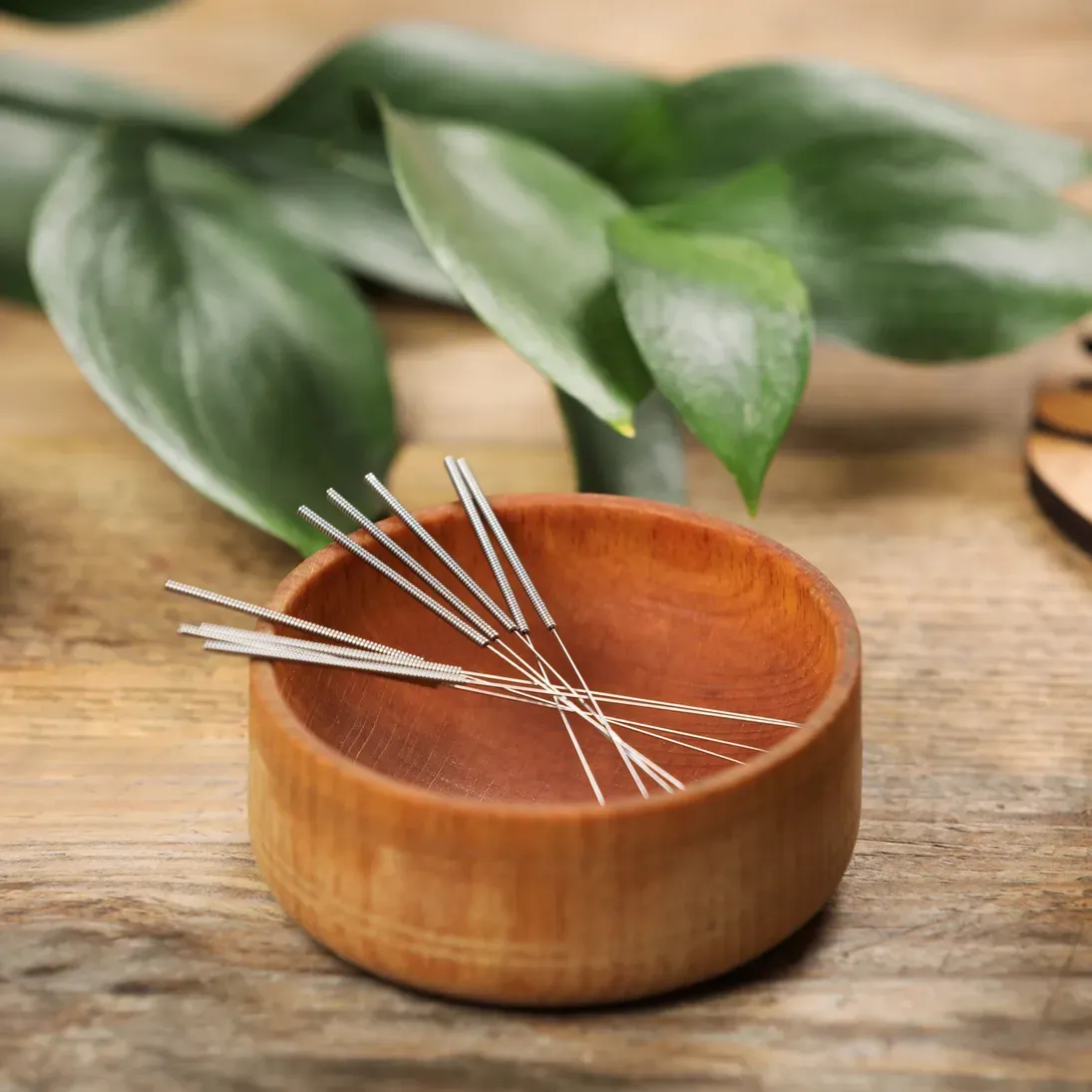 Acupuncture needles in wooden bowl